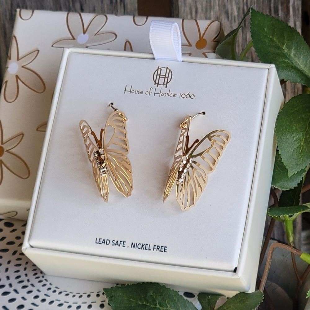 NWT House of Harlow 1960 gold drop butterfly earrings with clear rhinestones - Picture 3 of 5